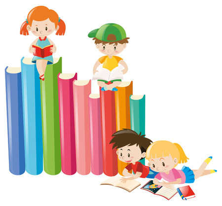 Four children reading books illustrationのイラスト素材