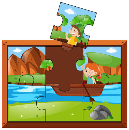 Jigsaw puzzle game with kids rowing boat illustrationのイラスト素材
