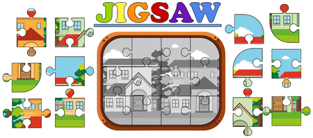 Jigsaw puzzle pieces of houses on the road illustrationのイラスト素材