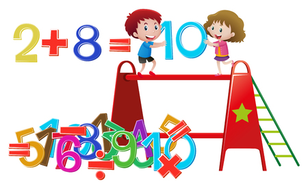 Boy and girl solving math problem illustrationのイラスト素材