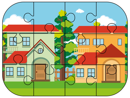 Jigsaw puzzle pieces of two houses illustrationのイラスト素材