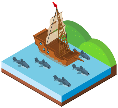 Ship and sharks swimming in ocean illustrationのイラスト素材