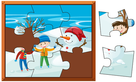 Jigsaw puzzle pieces of boys and snowman illustrationのイラスト素材