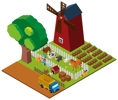 3D design for farmland with farmer and animals illustrationのイラスト素材