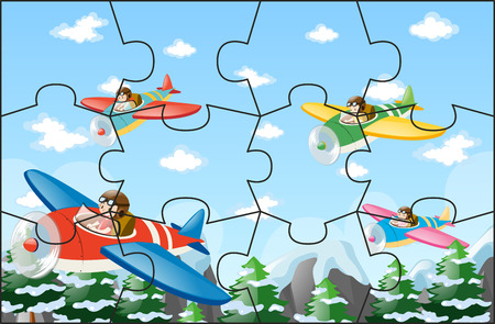 Jigsaw puzzle game with pilots flying jet illustrationのイラスト素材