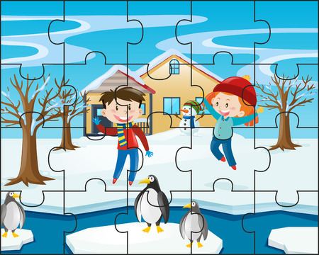 Jigsaw puzzle game with kids in winter illustrationのイラスト素材