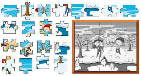 Jigsaw puzzle game template with kids in snow illustrationのイラスト素材