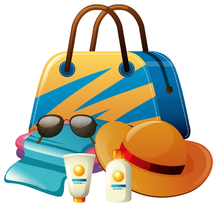 Summer set with bag with sunscreen and hat illustrationのイラスト素材