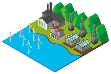 Wind turbines and greenhouse in the field illustrationのイラスト素材