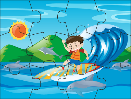Jigsaw puzzle pieces for boy on surfboard illustrationのイラスト素材