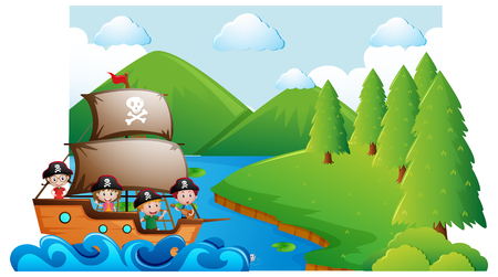 Scene with kids on pirate ship illustrationのイラスト素材