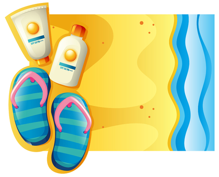 Summer scene with sunscreen and sandals on the beach illustrationのイラスト素材