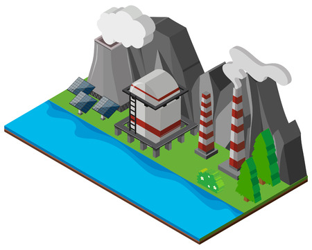 Solar cells and chimneys by the river illustrationのイラスト素材