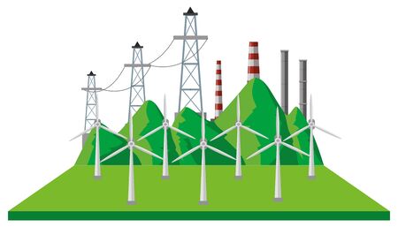 Windmills and power lines illustrationのイラスト素材