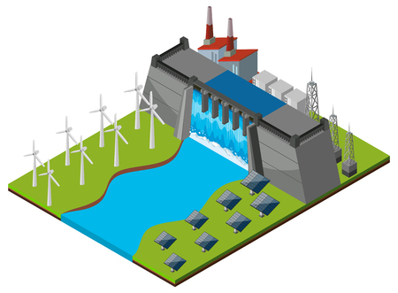 Dam with turbines and solar cells illustrationのイラスト素材