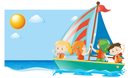 Summer scene with kids sailing illustrationのイラスト素材