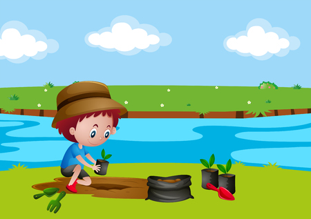 Boy planting tree by the river illustrationのイラスト素材