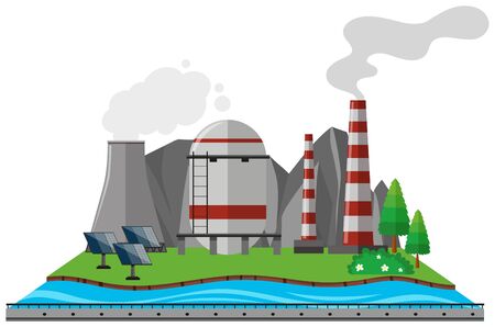 Power plant with solar cells by the river illustrationのイラスト素材