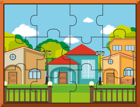 Jigsaw puzzle pieces for houses in village illustrationのイラスト素材