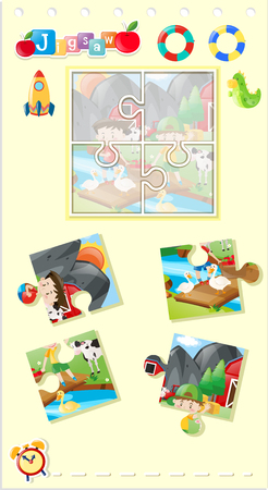 Jigsaw puzzle game with kids in farm illustrationのイラスト素材