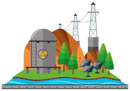 Power lines and fuel tank by the river illustrationのイラスト素材