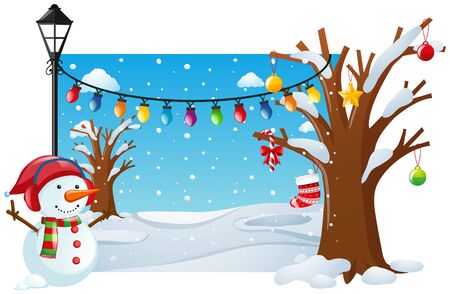 Winter scene with snowman and lights illustrationのイラスト素材