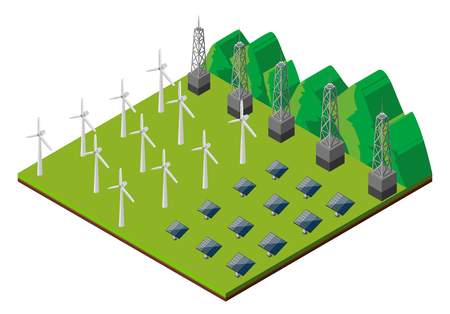 Wind turbines and solar cells in the field illustrationのイラスト素材