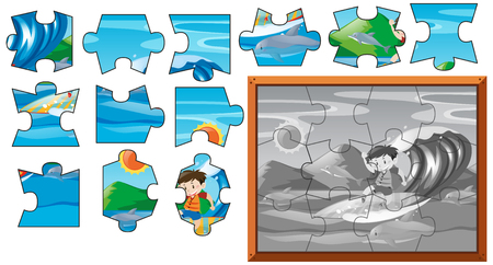 Jigsaw puzzle game with boy surfing illustrationのイラスト素材
