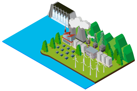 Dam and electronic machines by the river illustrationのイラスト素材