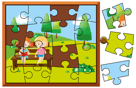 Jigsaw puzzle pieces for kids reading in park illustrationのイラスト素材