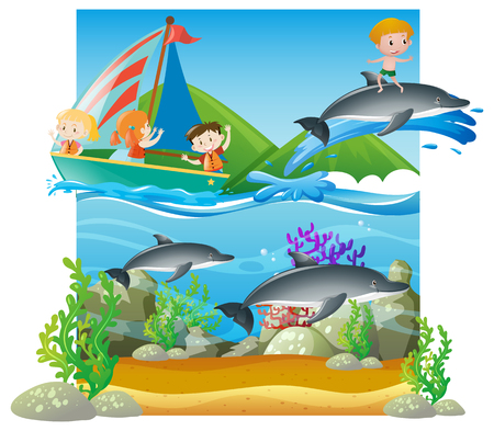 Summer scene with kids and dolphins illustrationのイラスト素材