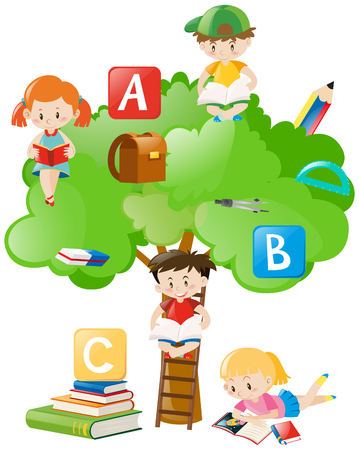 Children reading books under the tree illustrationのイラスト素材
