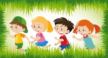 Children running in grass frame illustrationのイラスト素材