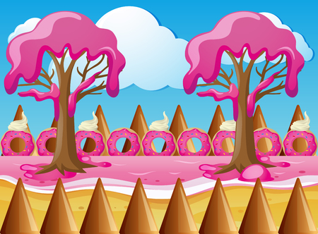 Candy land with strawberry cream trees  illustrationのイラスト素材