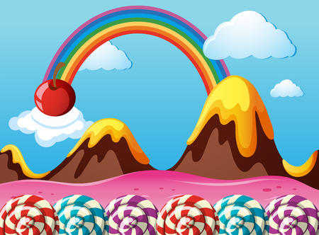 Fantacy land with strawberry field and lollipops illustrationのイラスト素材