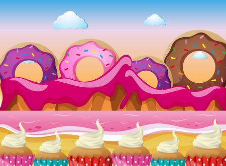 Candy land with donuts and pink ocean illustrationのイラスト素材