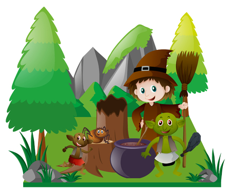 Witch and elf with magic brew illustrationのイラスト素材