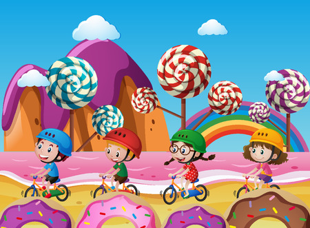 Children riding bike on beach full of candy illustrationのイラスト素材