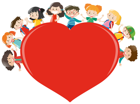 Happy children around red heart illustrationのイラスト素材