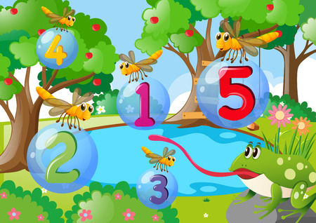 Counting number one to five with dragonflies in jungle illustrationのイラスト素材