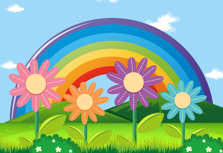Rainbow and flowers in garden illustrationのイラスト素材