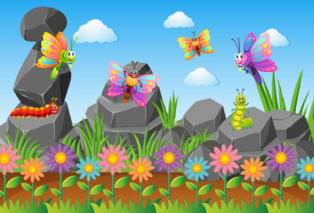 Different types of insects in flower garden illustrationのイラスト素材