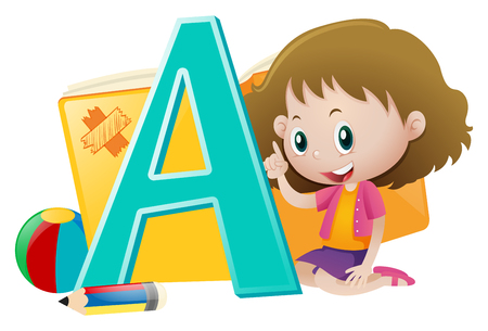 Little girl and big letter A illustrationのイラスト素材