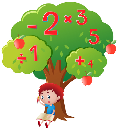 Boy calculating numbers under big tree illustrationのイラスト素材