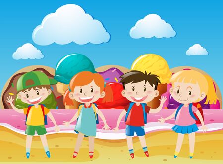 Scene with happy kids and icecream illustrationのイラスト素材