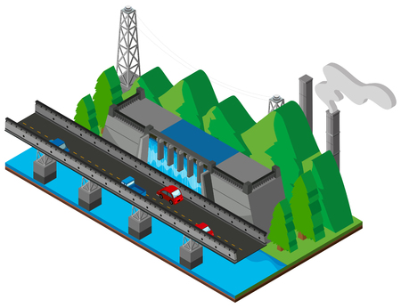 Dam and bridge across the river illustrationのイラスト素材