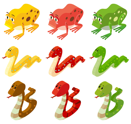 Snakes and frogs in three colors illustrationのイラスト素材