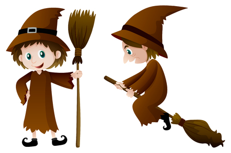 Two witches with magic broomstick illustrationのイラスト素材