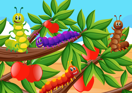 Colorful caterpillars on apple tree illustrationのイラスト素材