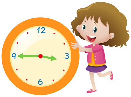 Girl telling time with yellow clock illustrationのイラスト素材